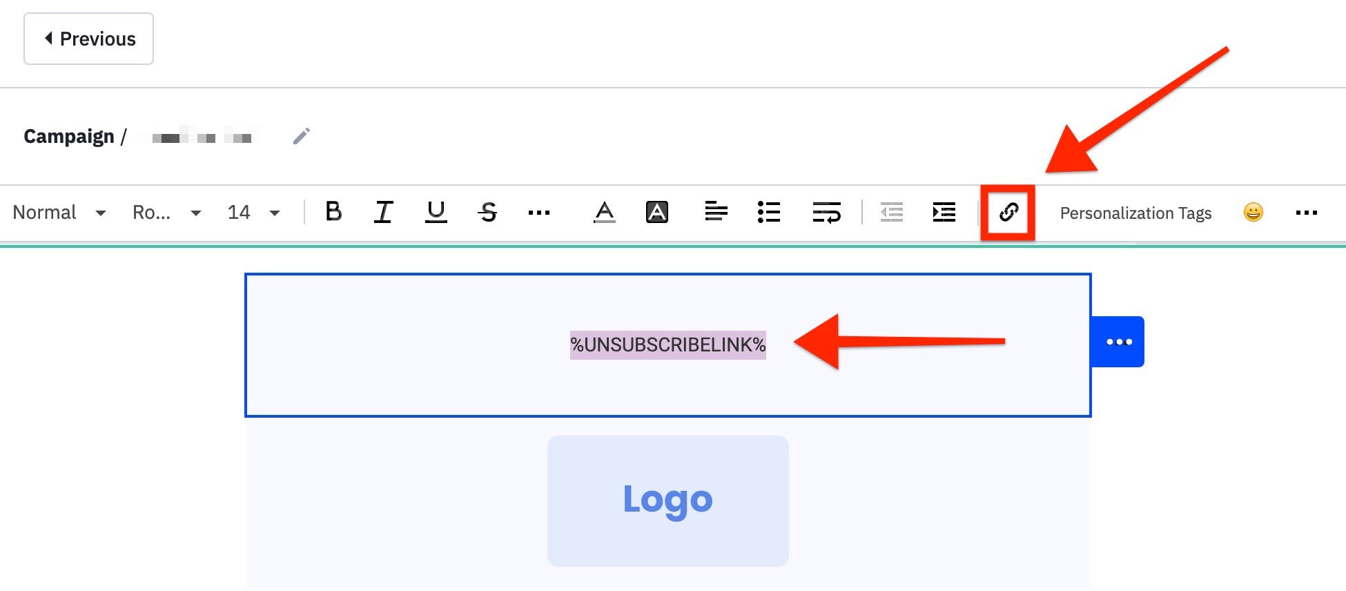 Nel designer per email, evidenzia il testo, quindi fai clic sull'icona del collegamento.jpeg