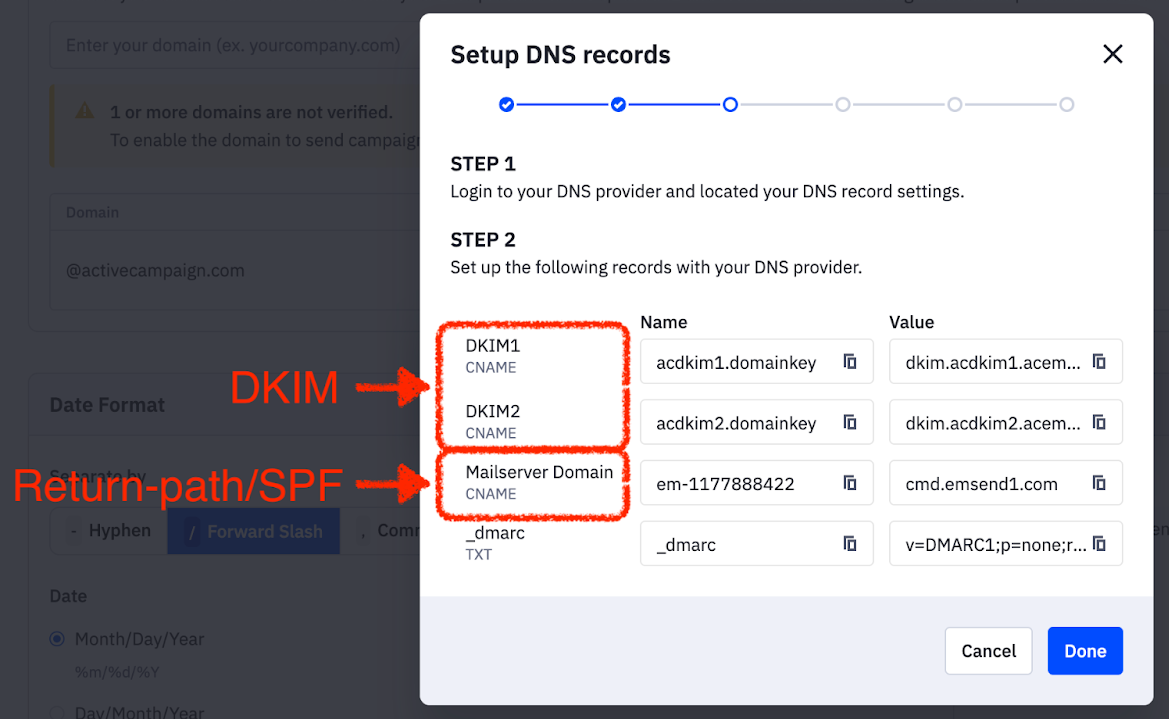 DKIM e dominio Return Path_SPF_Mailserver nei record DNS di ActiveCampaign.png