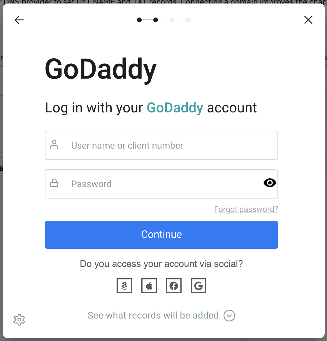 Exemple de GoDaddy dans l'option Connecter un domaine.png