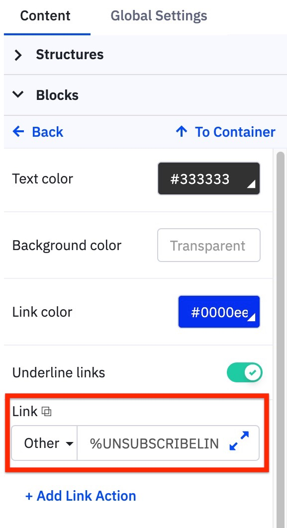 Sezione Collegamento del riquadro laterale con %UNSUBSCRIBELINK%.png