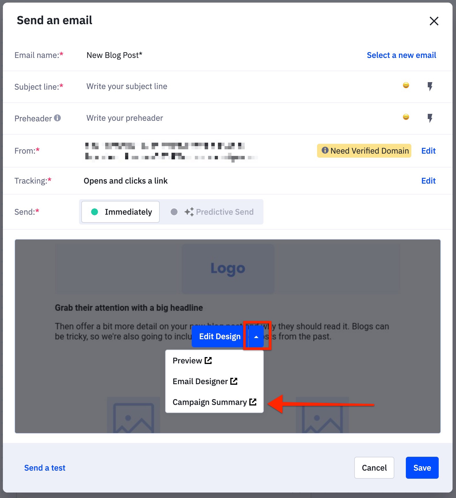 Klicken Sie im Modal "Eine E-Mail senden" auf die Drop-down-Liste neben der Schaltfläche "Design bearbeiten" und dann auf "Kampagnenzusammenfassung.jpg"