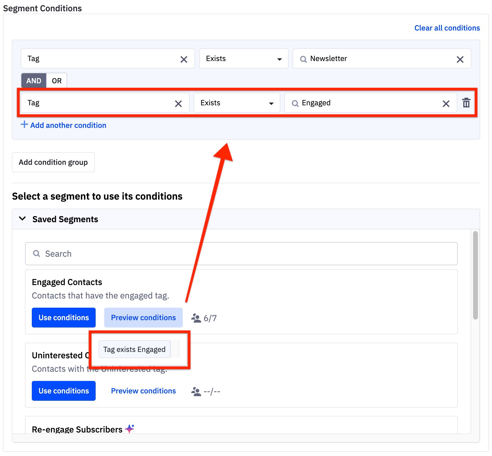 Les conditions de segment enregistrées sont copiées dans le groupe de conditions.jpg