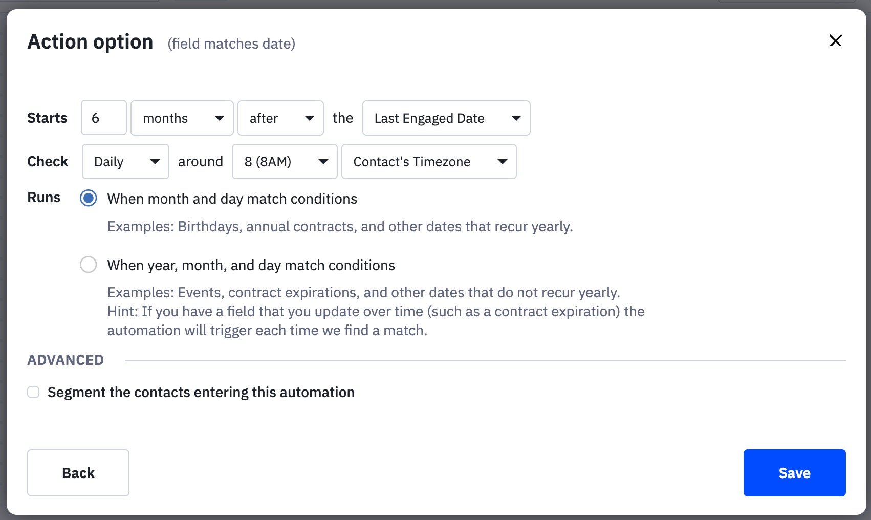 Configuração do gatilho baseado em data no automation.jpg de engajamento de 6 meses