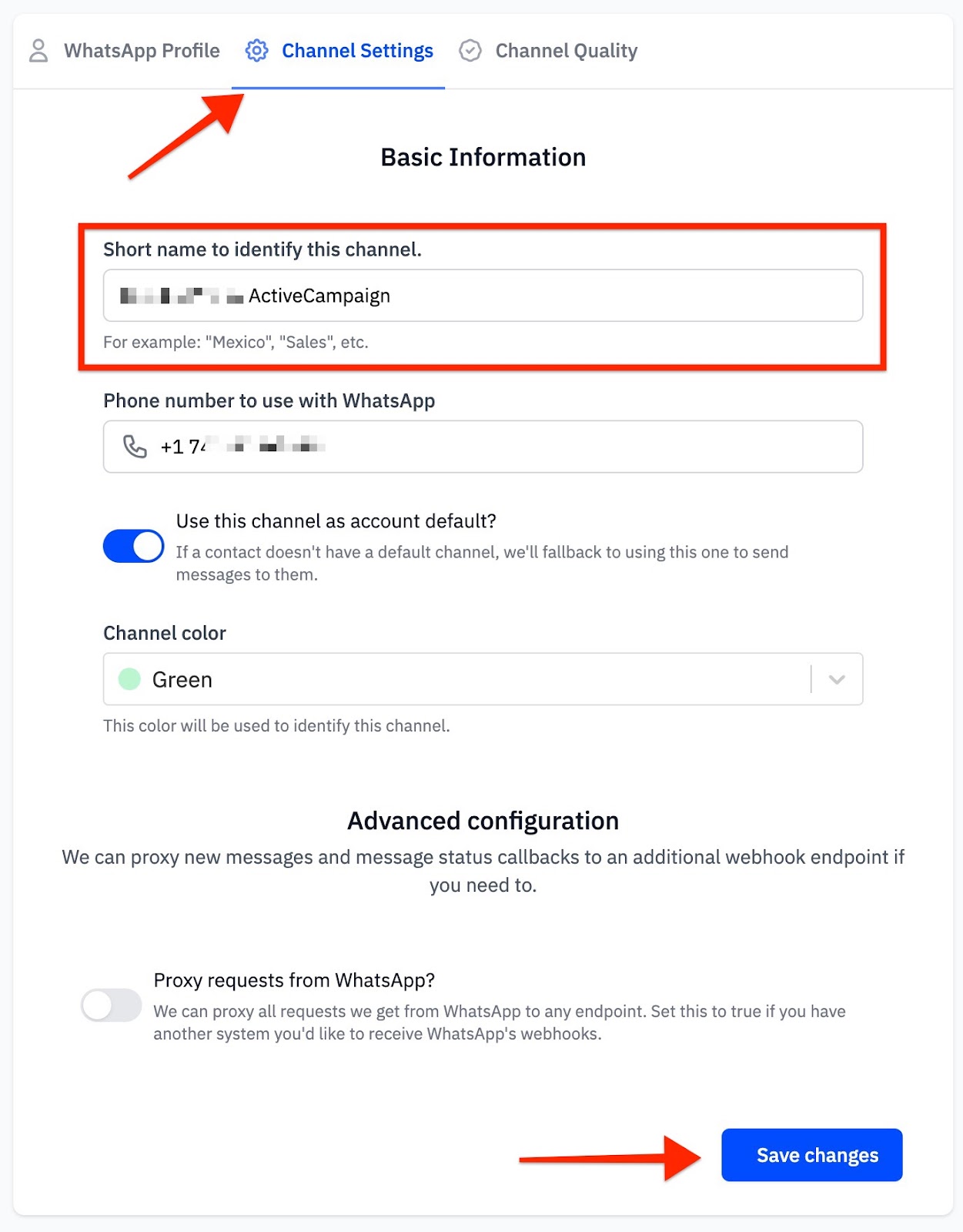 Perfil del número de teléfono de WhatsApp > Configuración del canal > Nombre corto para identificar este campo del canal.jpg