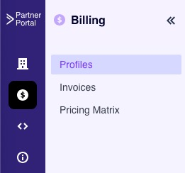 Menu di sinistra del Partner Portal, con l'icona del menu Fatturazione e la pagina Profili di fatturazione.