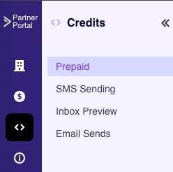 Menu di sinistra del Portale Partner, con l'icona del menu Crediti e la pagina Crediti prepagati. 