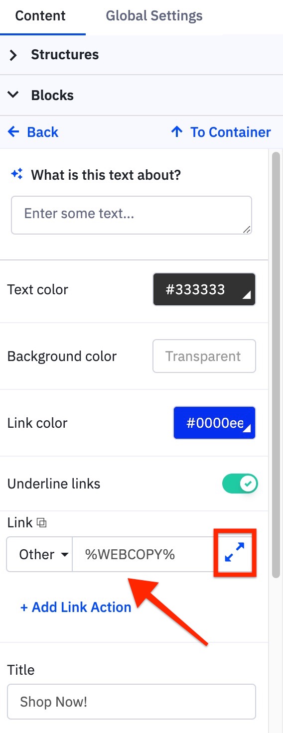 Painel direito onde você pode atualizar o Link ou clicar nas duas setas para reabrir o Add a Link modal.jpg