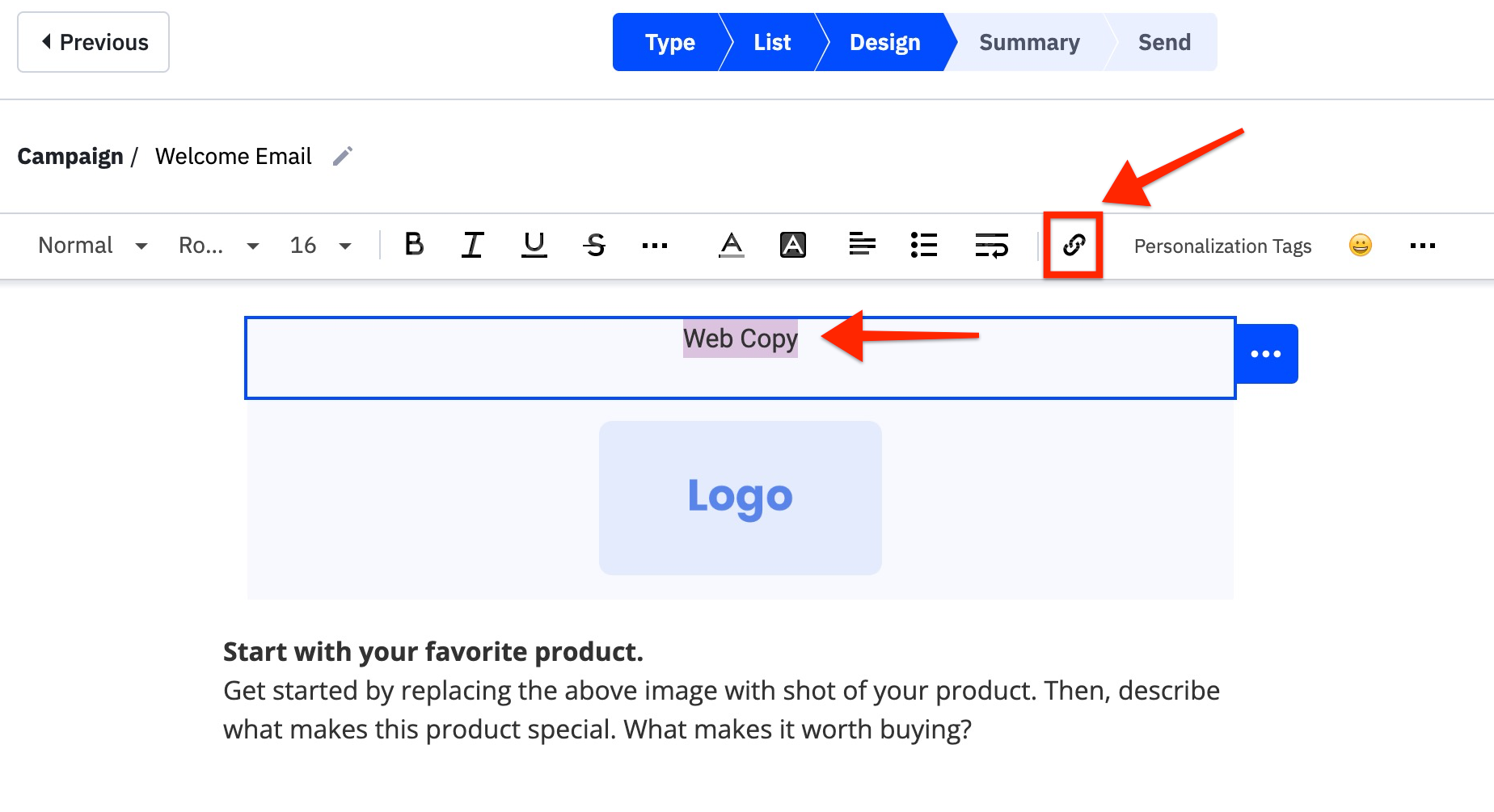 Evidenzia il testo, quindi fai clic sull'icona del link.jpg