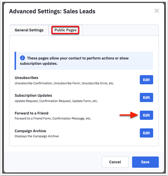 Configuración avanzada Modal haga clic en Etiqueta de páginas públicas y haga clic en Editar junto a Reenviar a un amigo.png