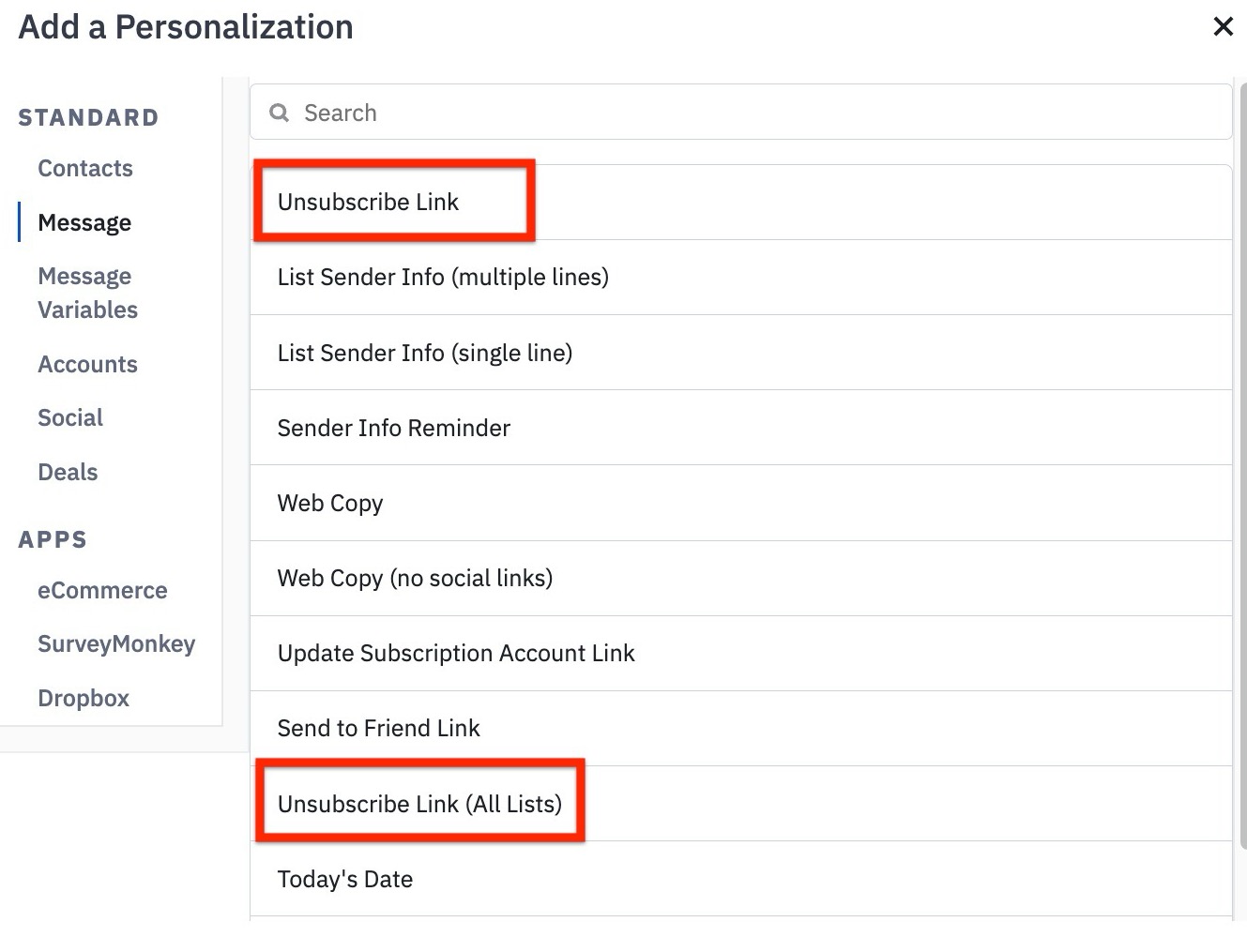 Enlaces de cancelación de suscripción en Add a Personalization Tag Modal.jpg