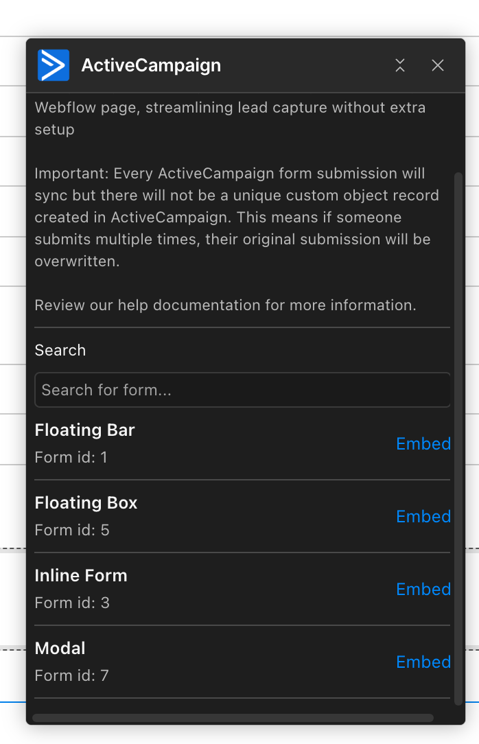 Embed ActiveCampaign form in Webflow forms options.png