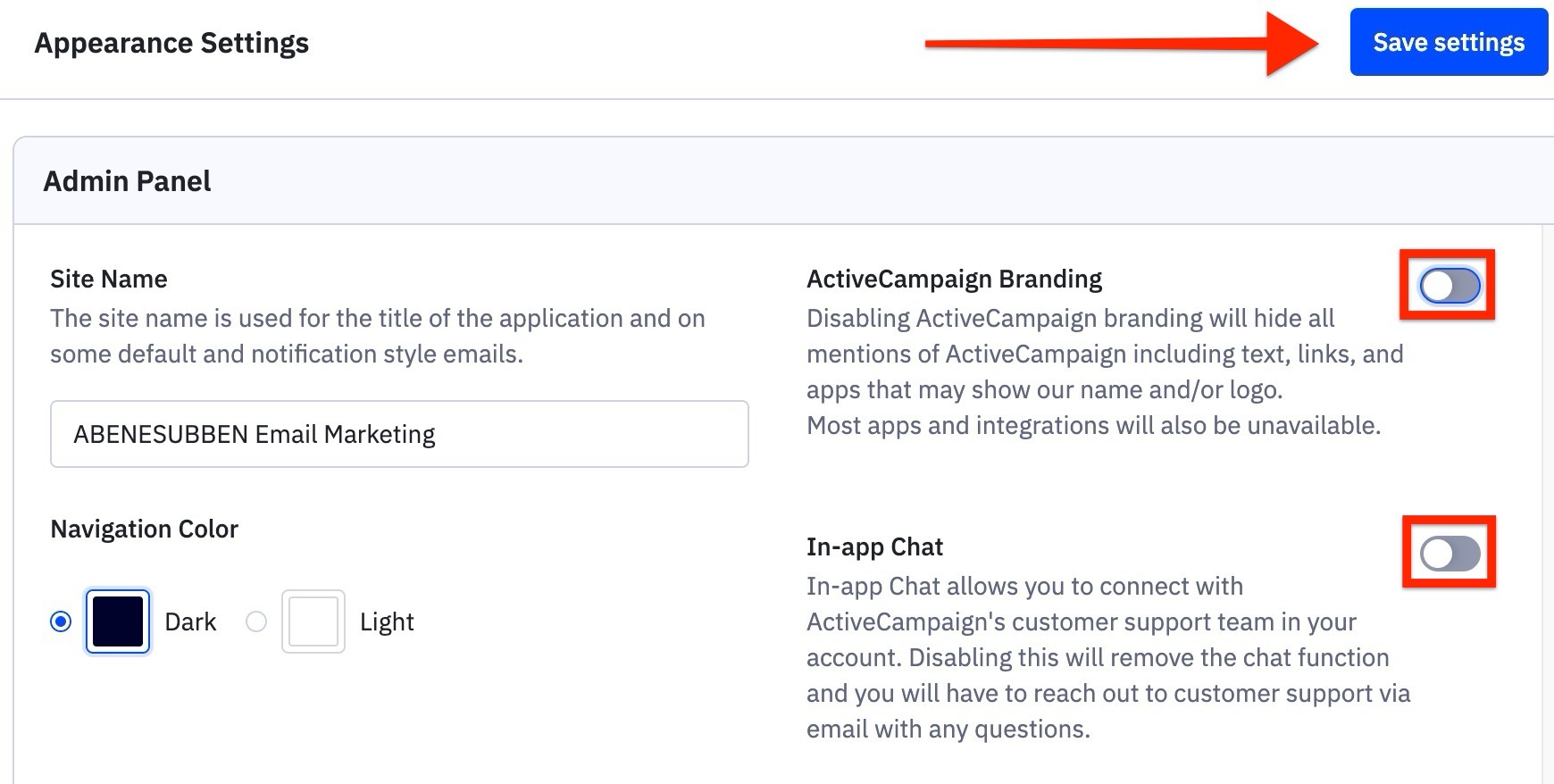 Configuración > Apariencia > marca AC y opciones de Chat In-app con el botón Guardar Configuración.jpg