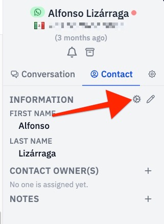 Gear icon in contact tab.