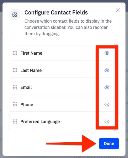 Configure contact fields modal displaying fields you can show or hide from view. 