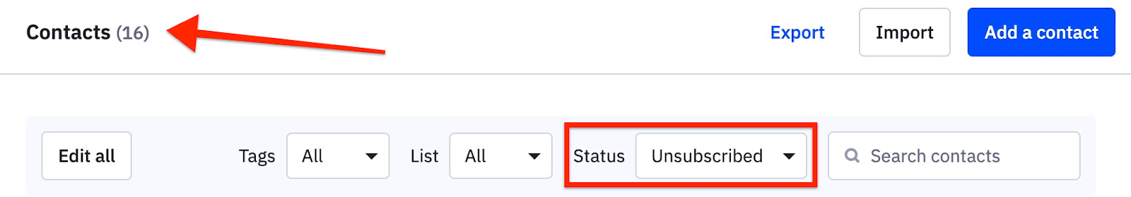 Contacts_Overview_filtered_by_All_Lists_and_Unsubscribed_status_shows_16_contacts.png