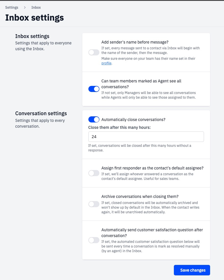 Inbox settings page displaying options to enable for inbox settings and conversation settings.