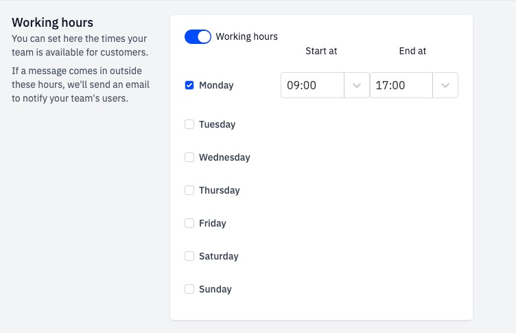 Working hours settings. Vertically lists all weekdays. Each weekday has a checkbox and an option to set hours.  