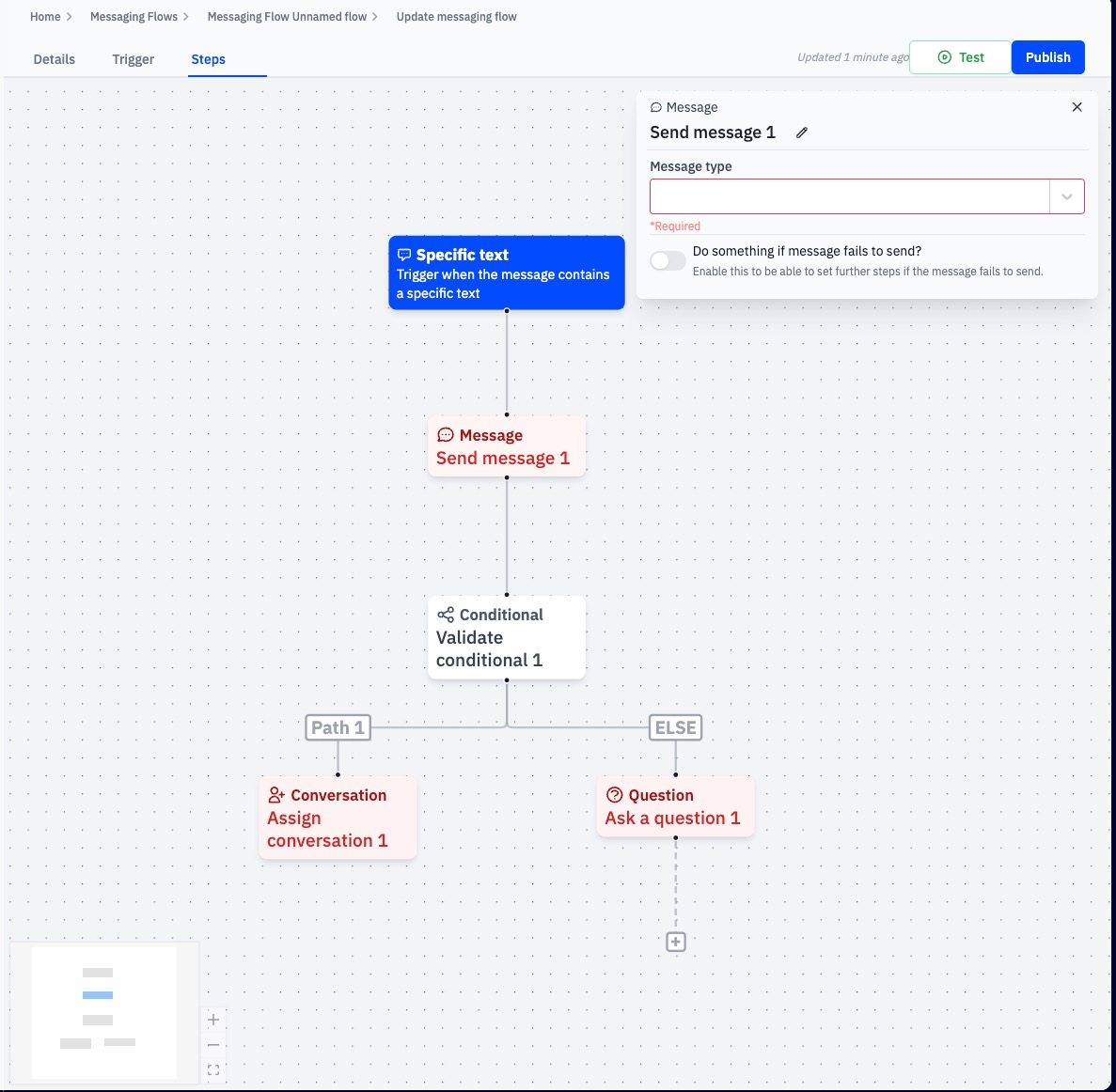 Image of the flow builder showing the canvas, map, and step editor.