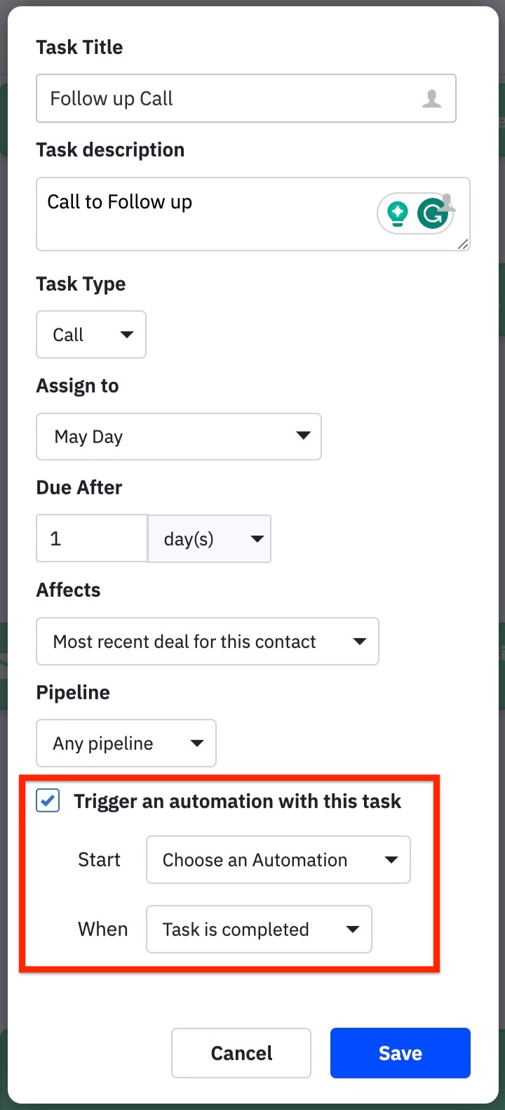 Add a Task modal highlighting the Trigger an automation with this task option.jpg