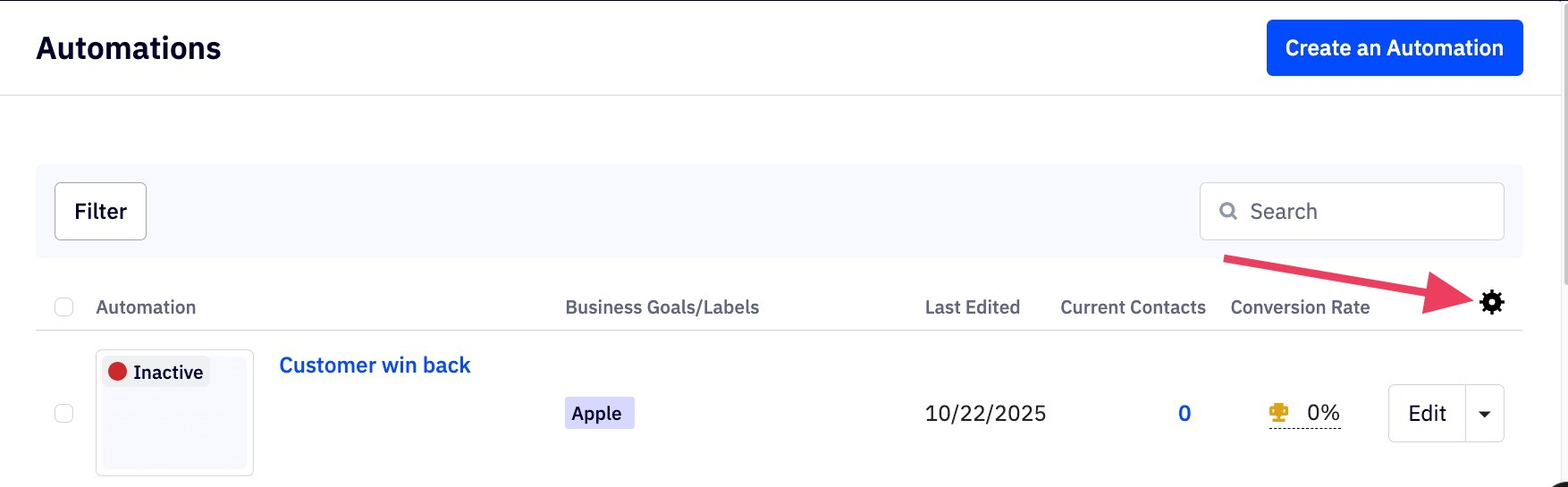 Image is of the Automation overview page with an arrow pointing to the gear icon. 