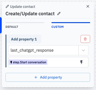 Example of the Create Update contact flow step. This shows the property and variable under the custom tab. 
