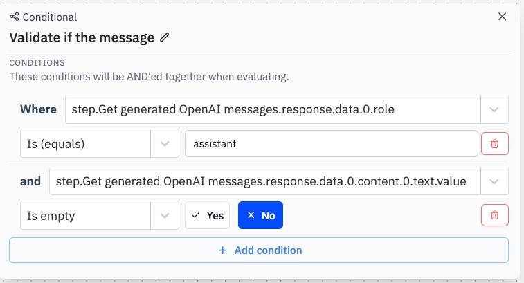 Example of the configuration fields for the Conditional step.
