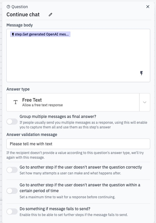 Example of Question step configuration. 