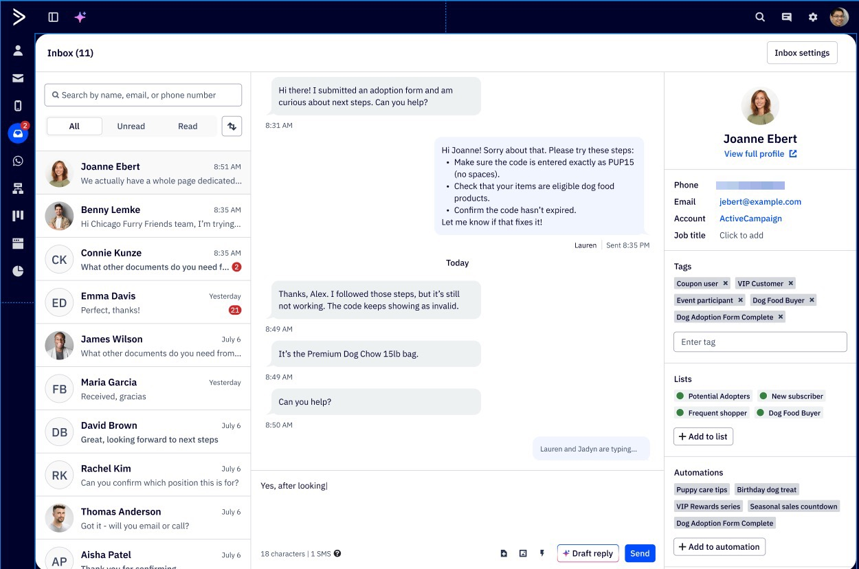 This image shows an open conversation in the SMS inbox with a typing indicator, time the message was sent, and who sent the message.