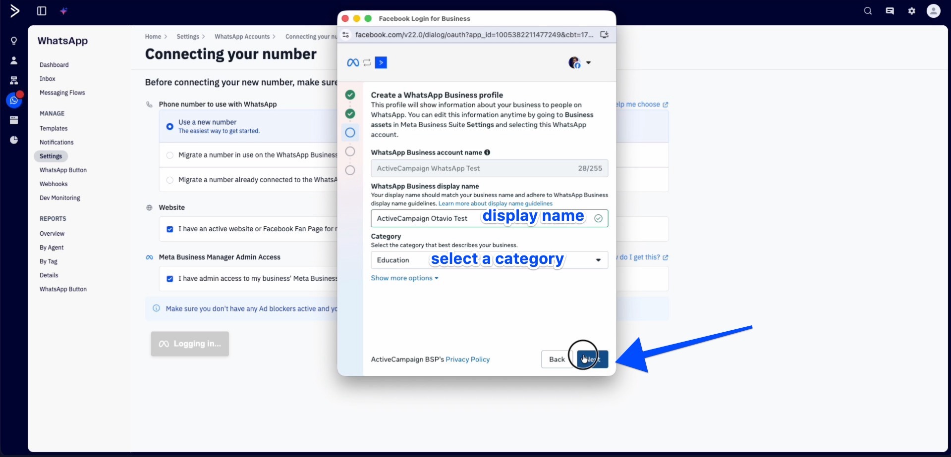 Facebook Login for Business modal window showing dropdown fields where you can select your display name and category.
