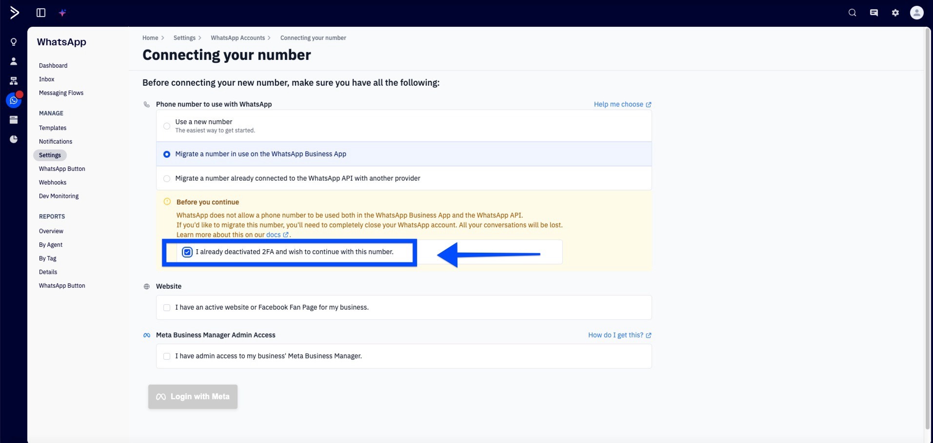 The Connecting your number page in ActiveCampaign showing the "Migrate a number in use on the WhatsApp Business App" option. 