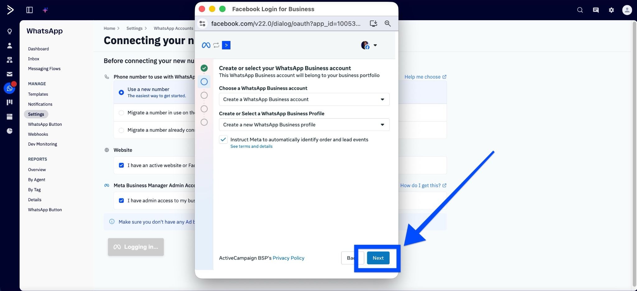 Modal window where you can select options from dropdown fields including your business portfolio, create a new WhatsApp Business account, and Create a WhatsApp Business profile. 