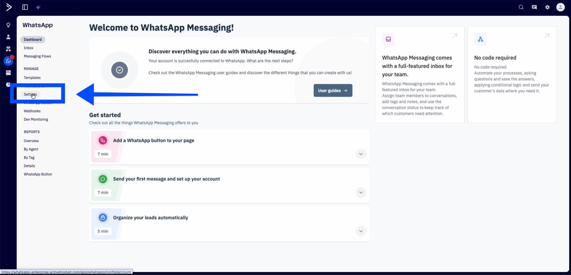 ActiveCampaign account showing the user where to click to get to the WhatsApp Settings page.