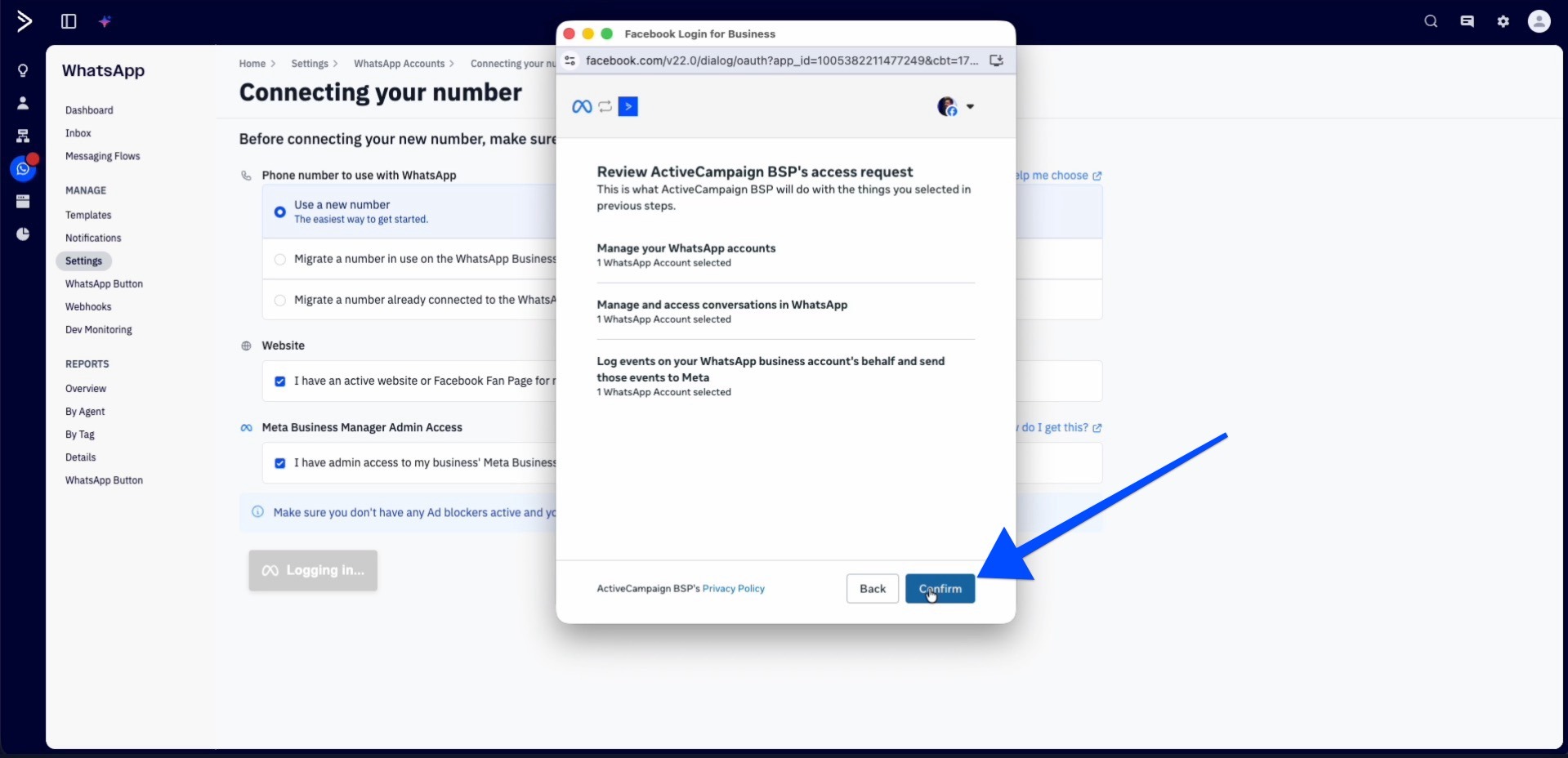 Facebook login for Business modal window where you can review your request and click the "Confirm" button.