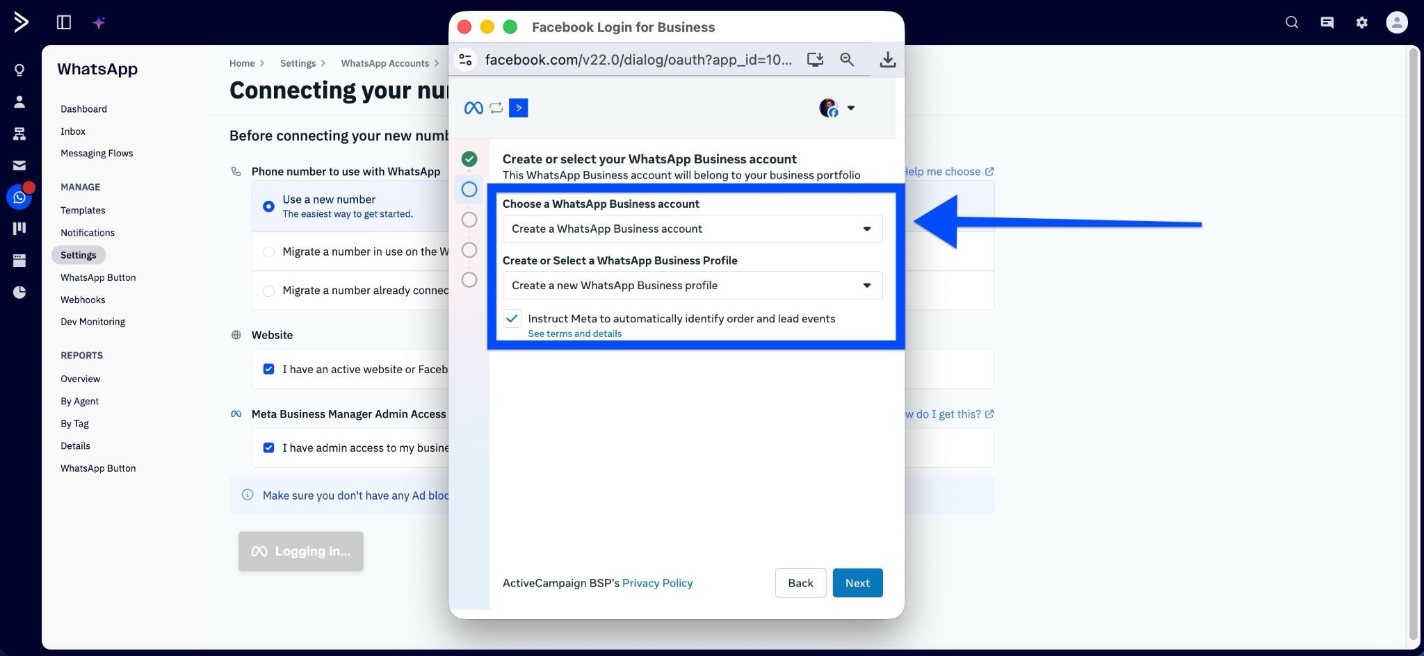 Facebook login for Business modal window showing dropdown fields where you can choose or create a WhatsApp Business account and profile.