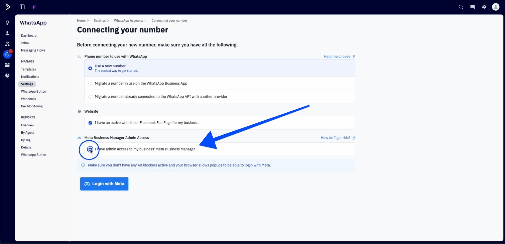 The Connecting your number page where you can confirm that you have a website or Facebook page and that you have admin access to your Meta Business Manager account. 