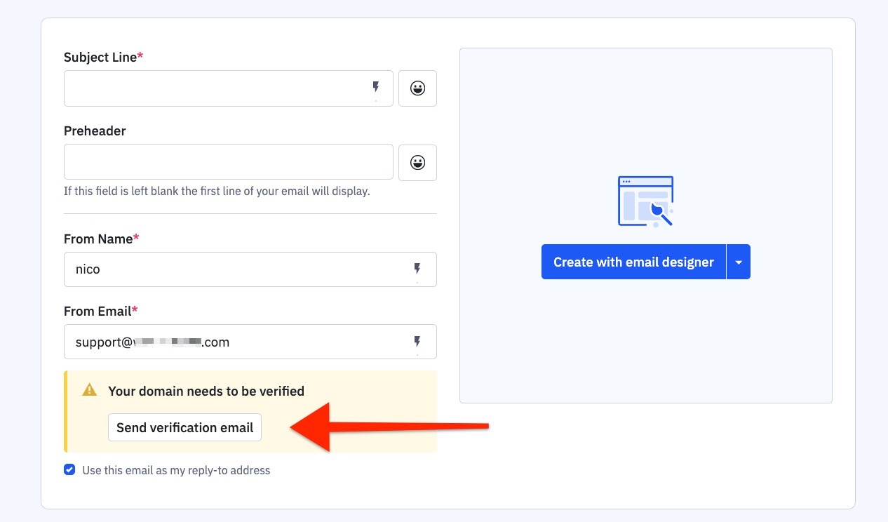 Send a verification email button on the email campaign summary page.