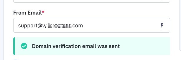 Domain verification email was sent banner.