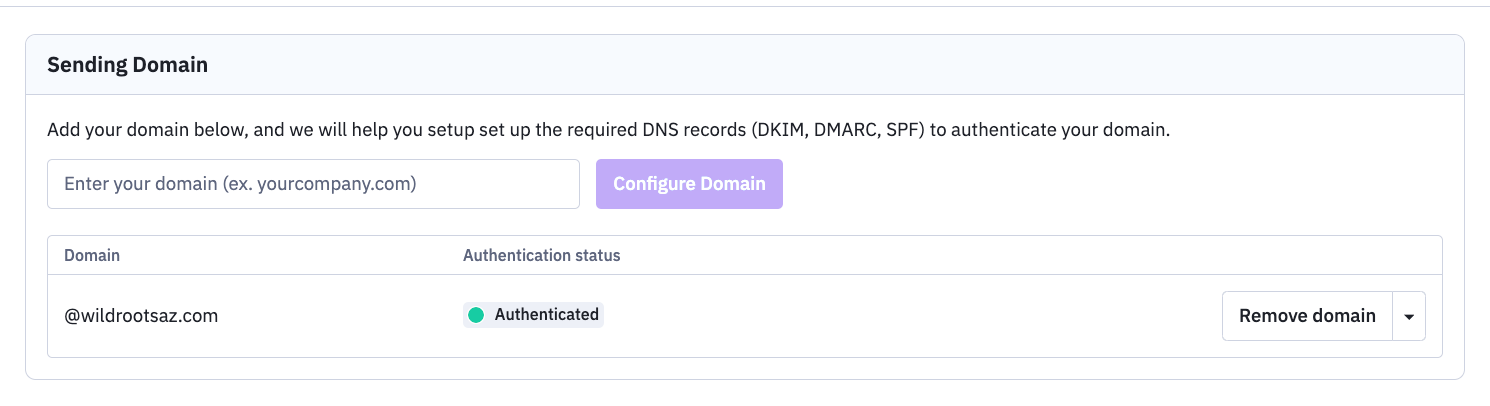 Domain verification authenticated on Settings > Advanced page.
