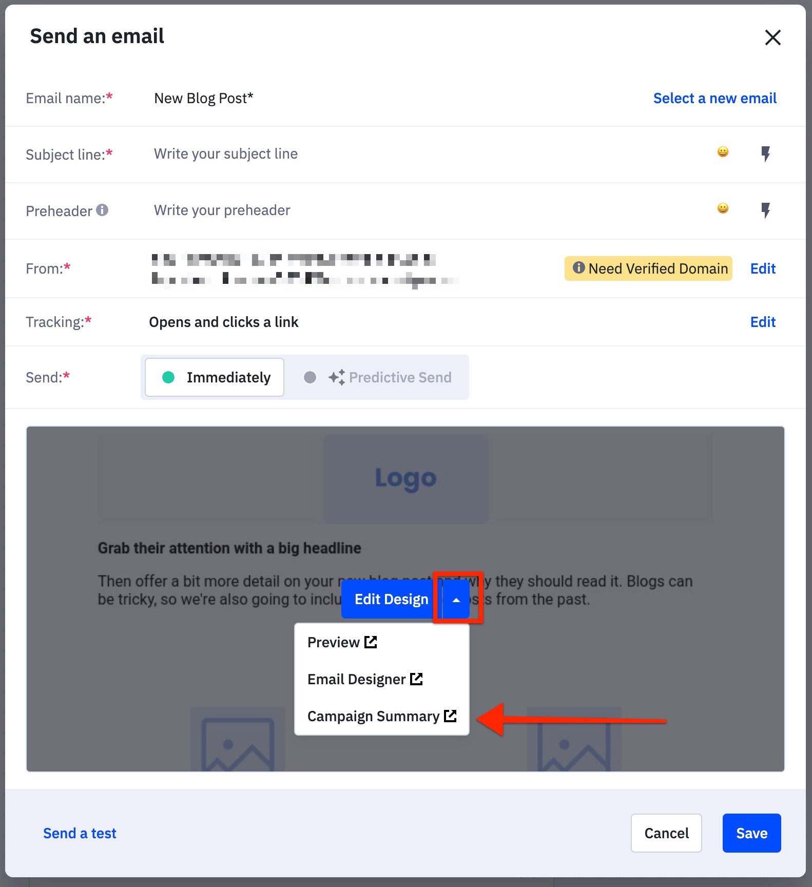 In the Send an email modal, click the dropdown next to Edit Design button then click Campaign Summary.jpg
