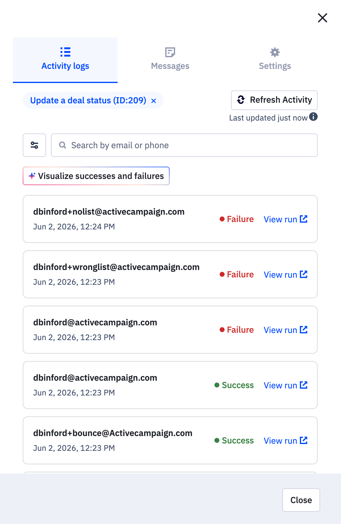 Example of an activity log showing errors and successes of automation actions. 