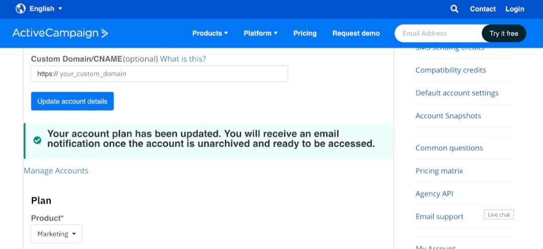 Confirmation message that a child account is unarchived in the Partner Portal.