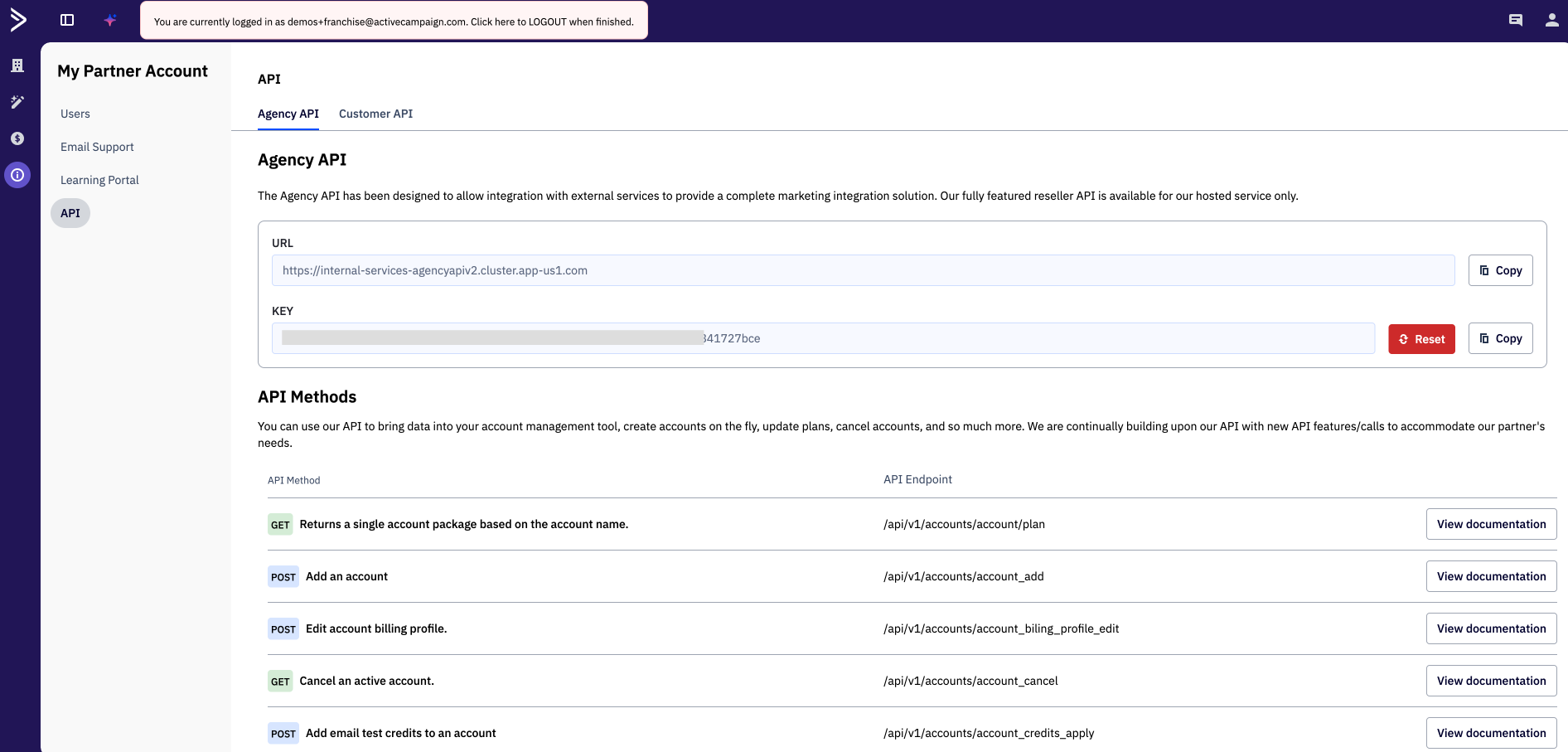 My Partner Account page showing Agency API.