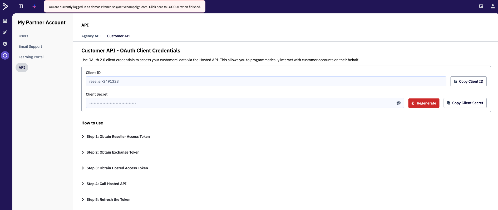 My Partner Account page showing Customer API - OAuth Client Credentials.