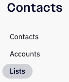 The Lists option on the left panel of the Contacts Overview page.