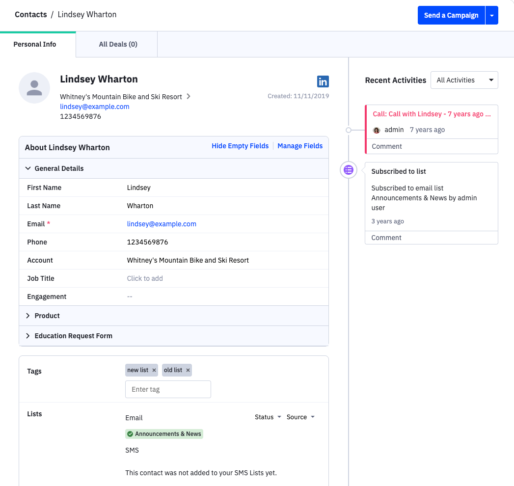 An example of a contact record showing the contact's data including first and last name, email address, phone number, tags, subscription lists, and a recent activity stream.