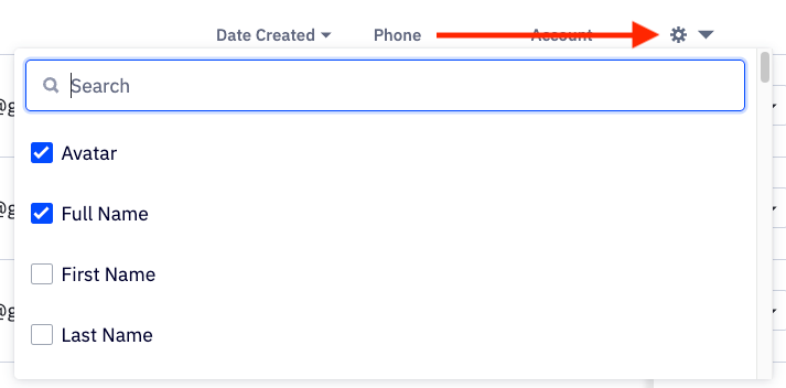 Modal window showing additional columns to add to the Contacts Overview page.