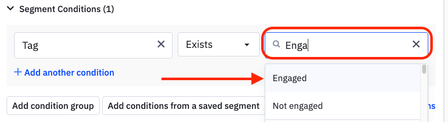 Segment builder showing tag exists engaged.