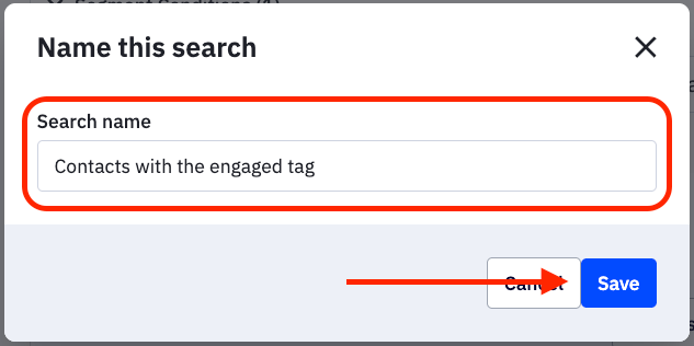 "Name this search" modal window with a field to input a name and a save button.
