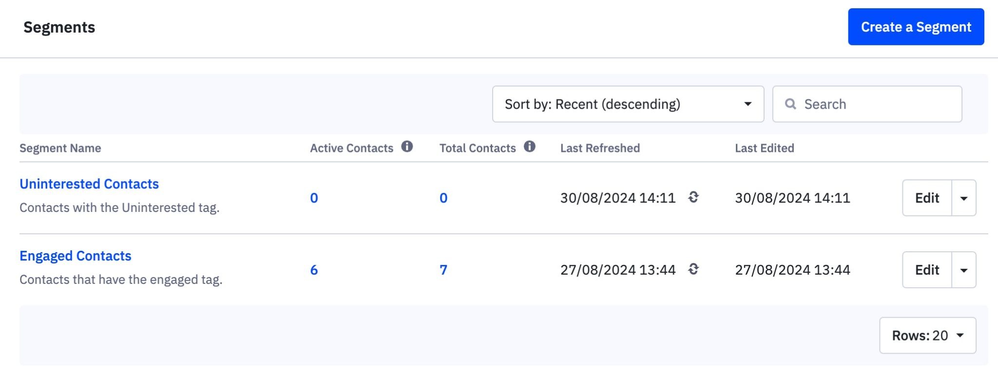 Saved segments on the Segments page.
