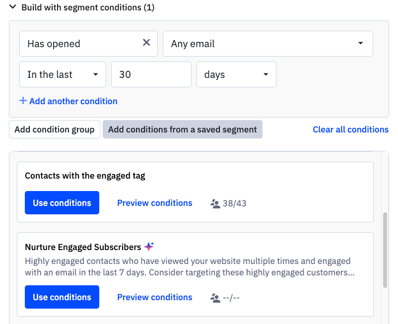 Segment builder showing a new segment with options to add conditions from a saved segment.